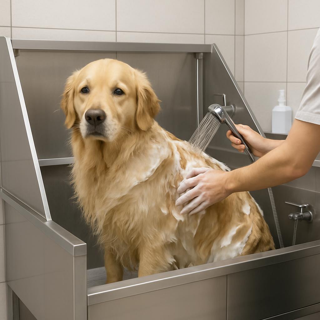 A golden retriever dog being washed in a metal tub. alt text: A golden retriever dog being washed in a metal tub.