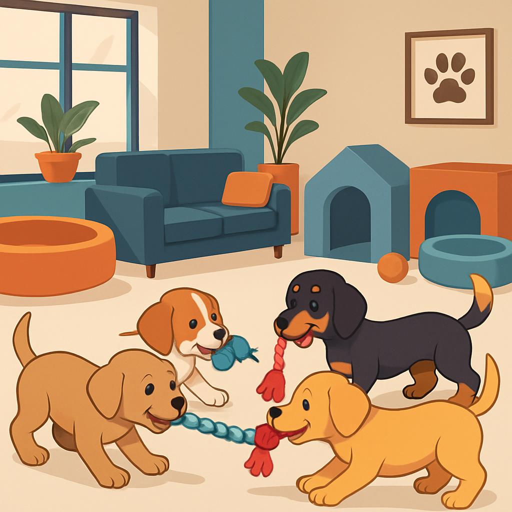 Three happy dogs playing tug-of-war in a colorful toy room.