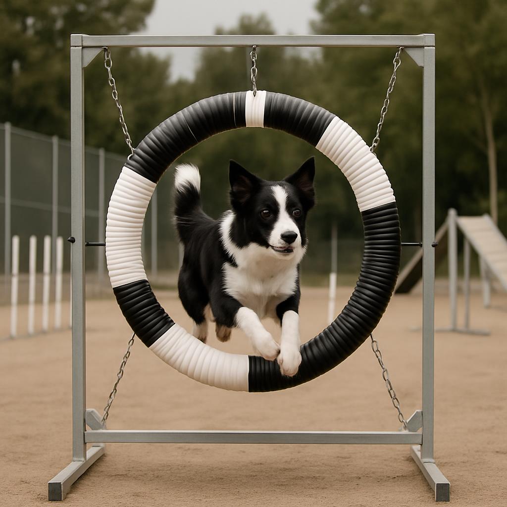 A border collie leaps through a black and white tunnel during an agility course, poised to initiate a jump or weave immedi...