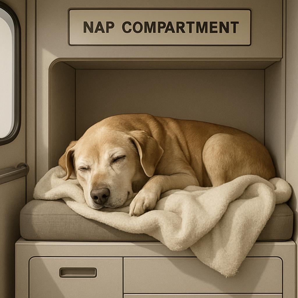 A dog peacefully sleeps in a "Nap Compartment". A beige crate-style bed with a beige cushion dominates the space as a deck...